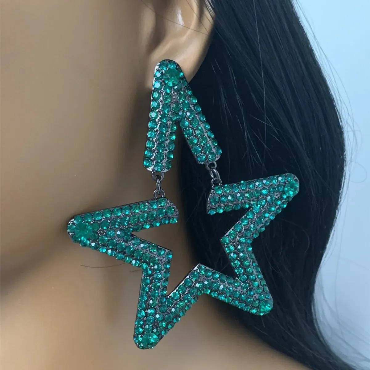 1 Pair Exaggerated Oversized Pentagram Star Plating Hollow Out Inlay Alloy Rhinestones Silver Plated Drop Earrings