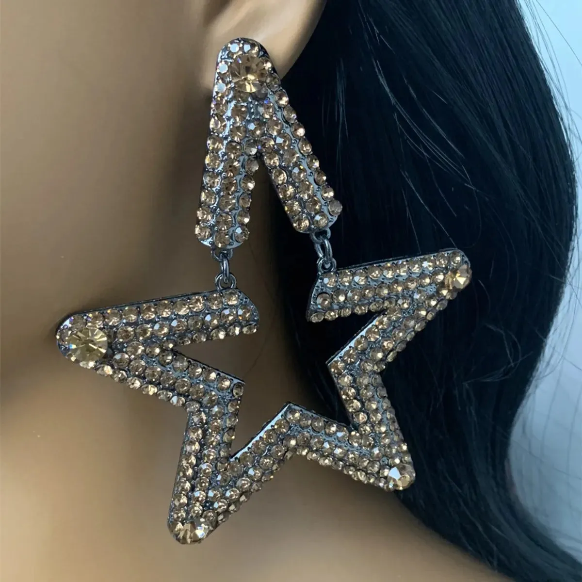 1 Pair Exaggerated Oversized Pentagram Star Plating Hollow Out Inlay Alloy Rhinestones Silver Plated Drop Earrings