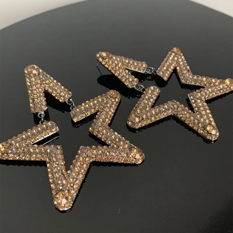 1 Pair Exaggerated Oversized Pentagram Star Plating Hollow Out Inlay Alloy Rhinestones Silver Plated Drop Earrings