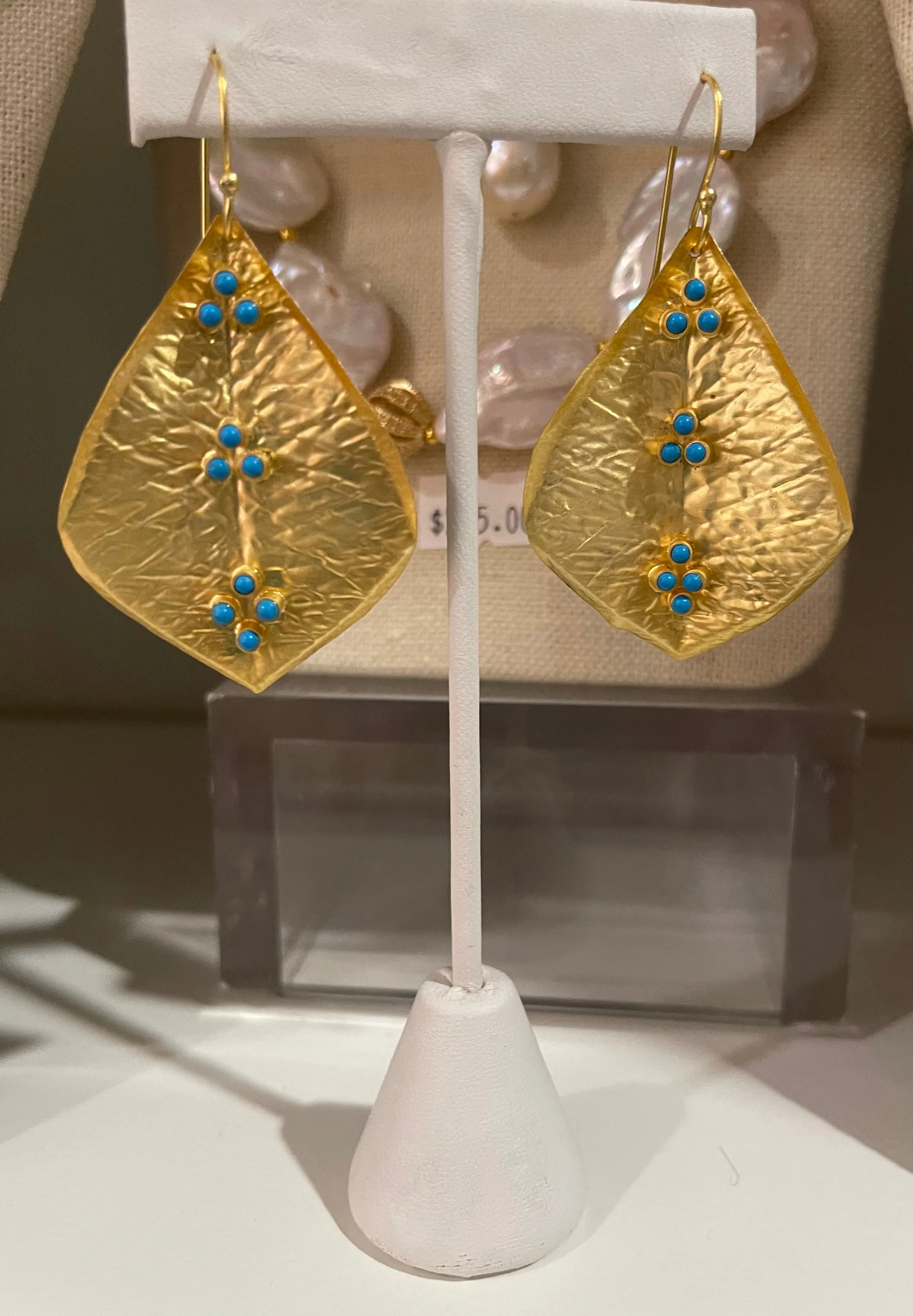 22k Hammered Gold Leaf Turquoise Statement Earrings 2”