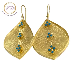 22k Hammered Gold Leaf Turquoise Statement Earrings 2”