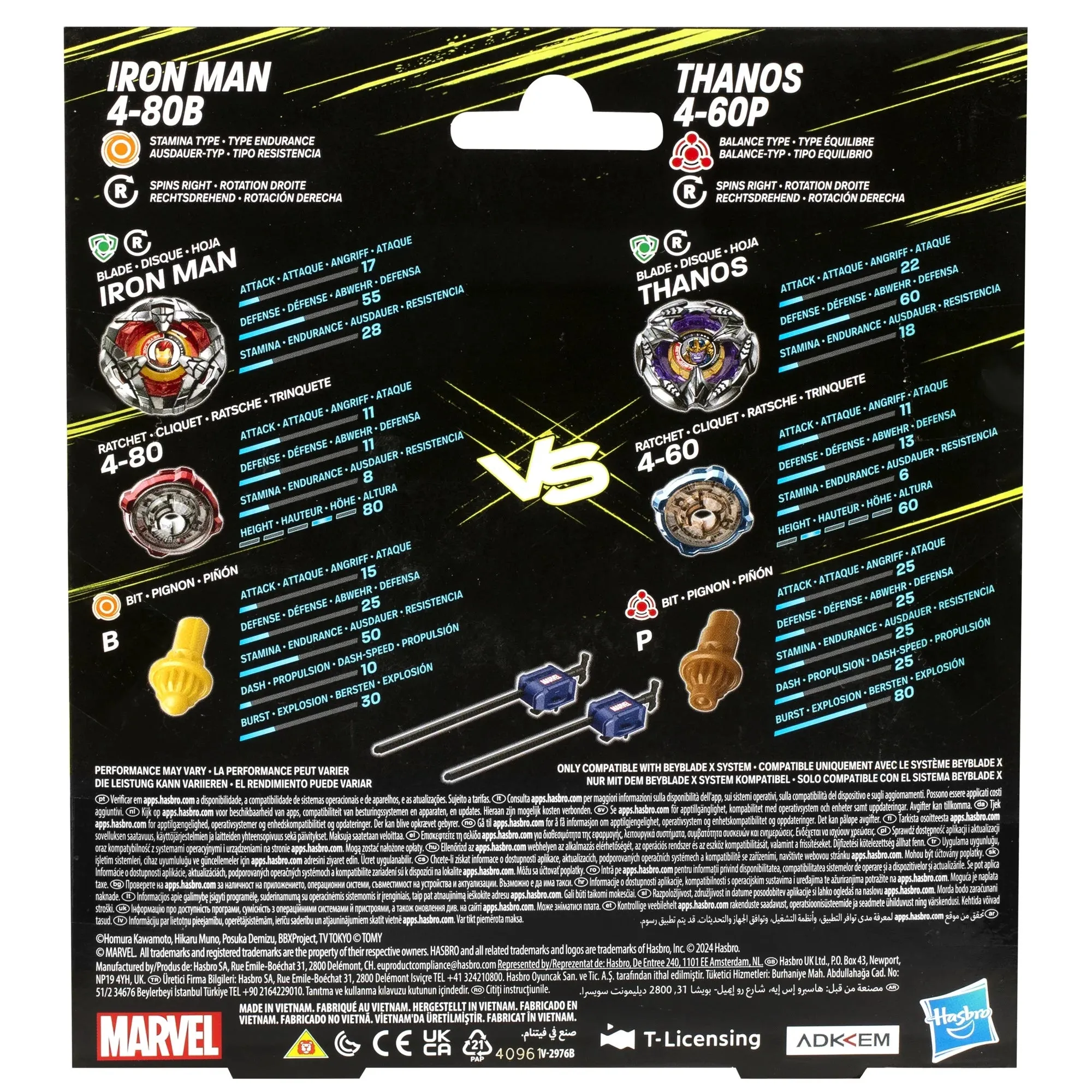 Beyblade G0287 X Marvel Collab Iron Man 4-80B vs. Thanos 4-60B Multipack Battling Tops Set, Ages 8 