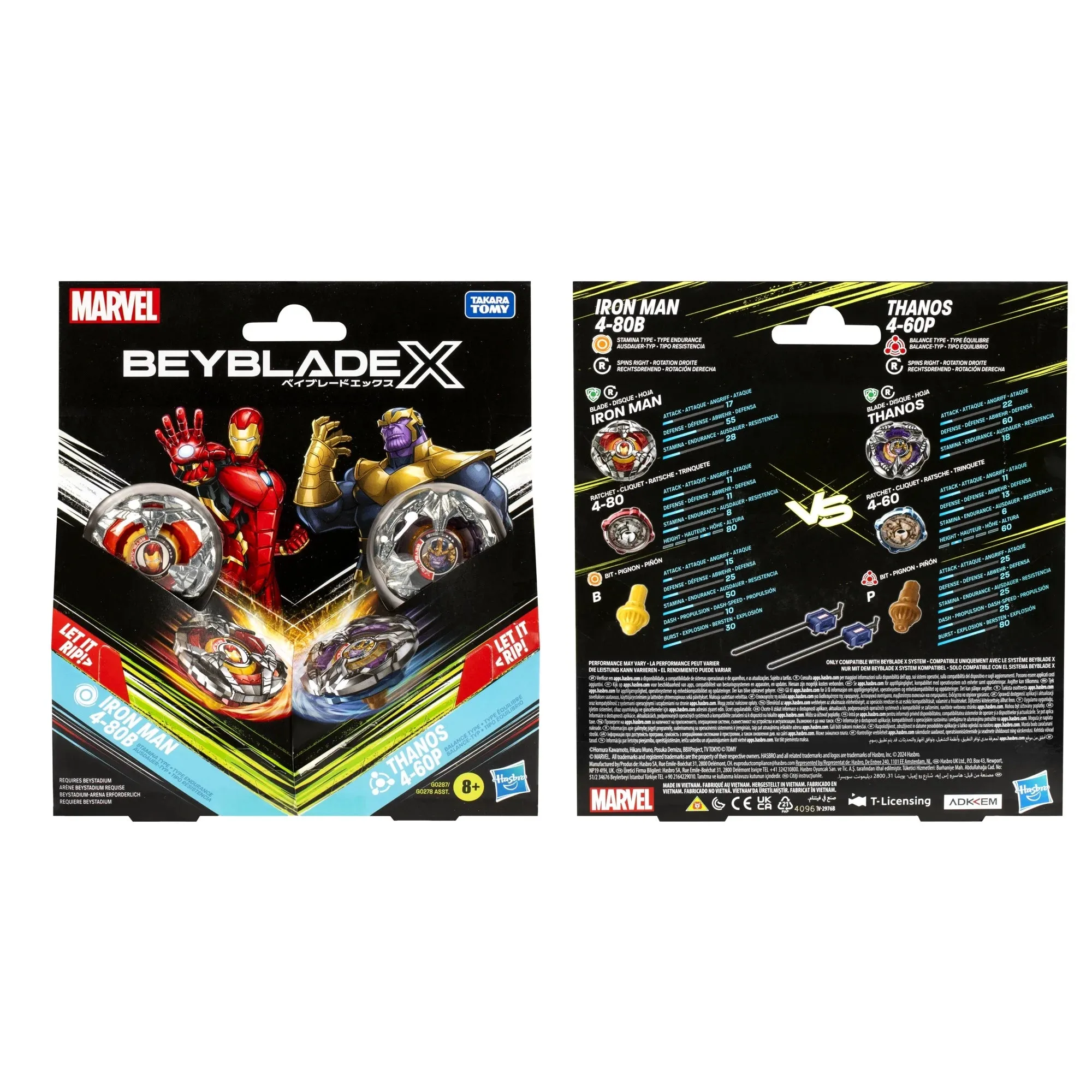 Beyblade G0287 X Marvel Collab Iron Man 4-80B vs. Thanos 4-60B Multipack Battling Tops Set, Ages 8 