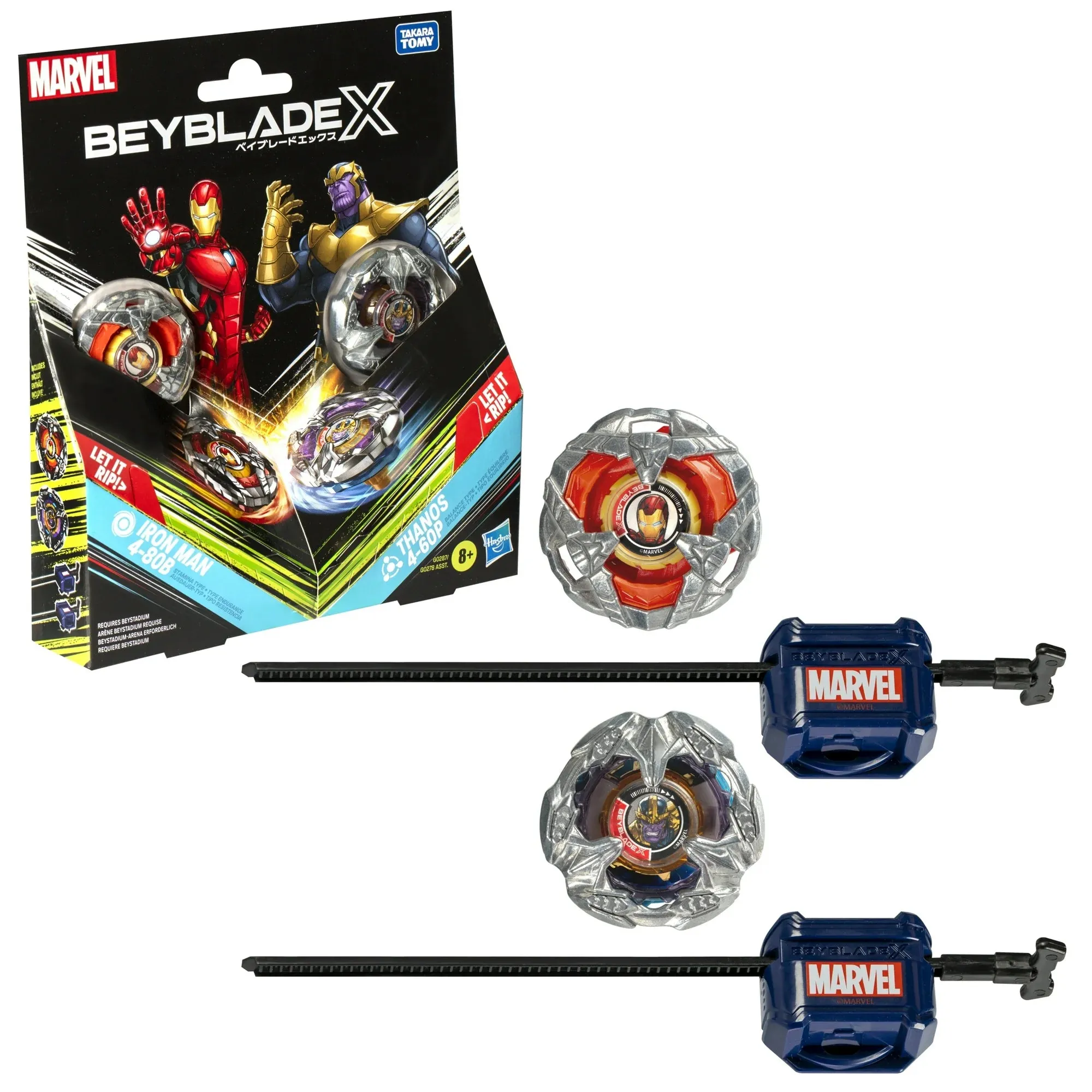 Beyblade G0287 X Marvel Collab Iron Man 4-80B vs. Thanos 4-60B Multipack Battling Tops Set, Ages 8 