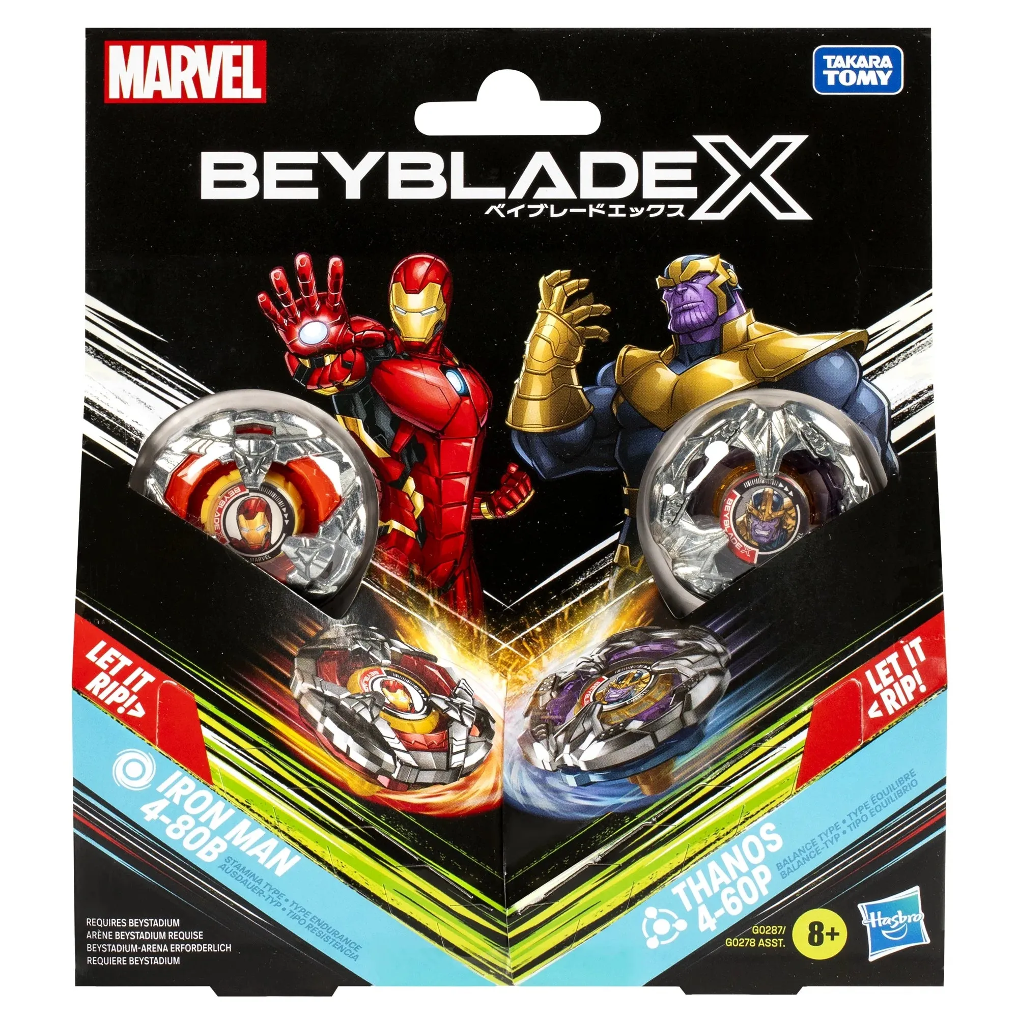 Beyblade G0287 X Marvel Collab Iron Man 4-80B vs. Thanos 4-60B Multipack Battling Tops Set, Ages 8 