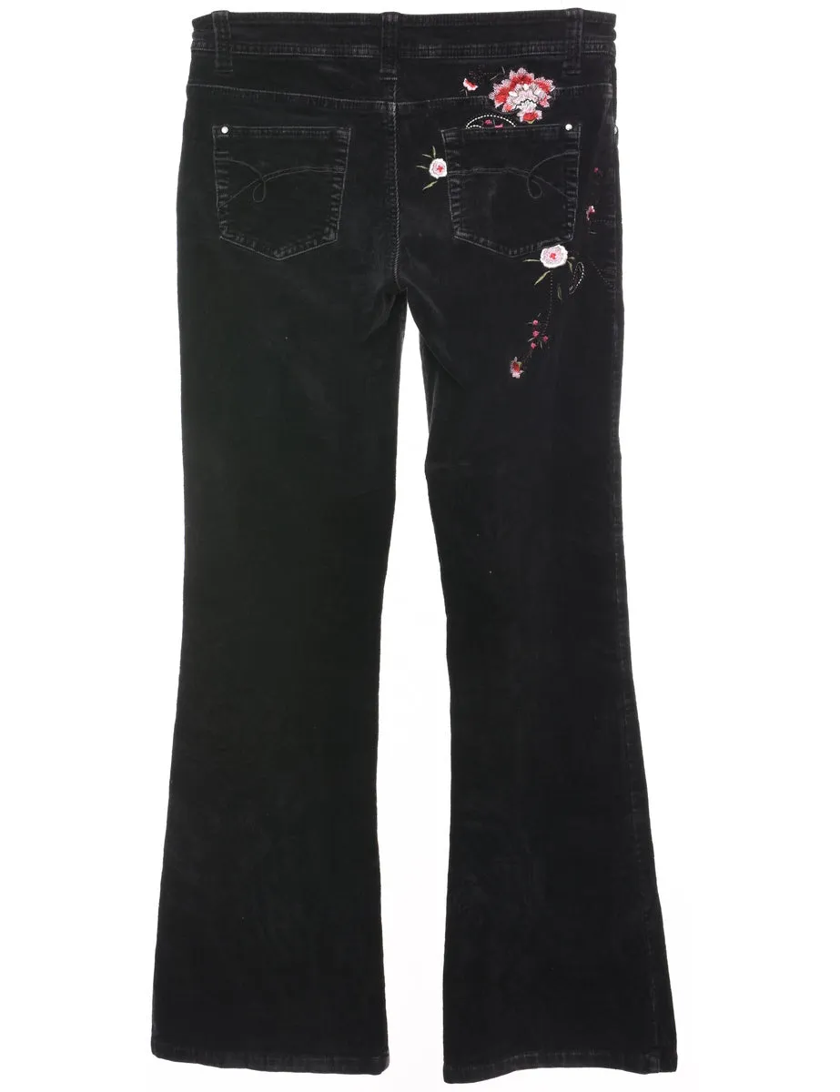 Black  Embroidered Floral 1990s Flared Trousers - W30 L30