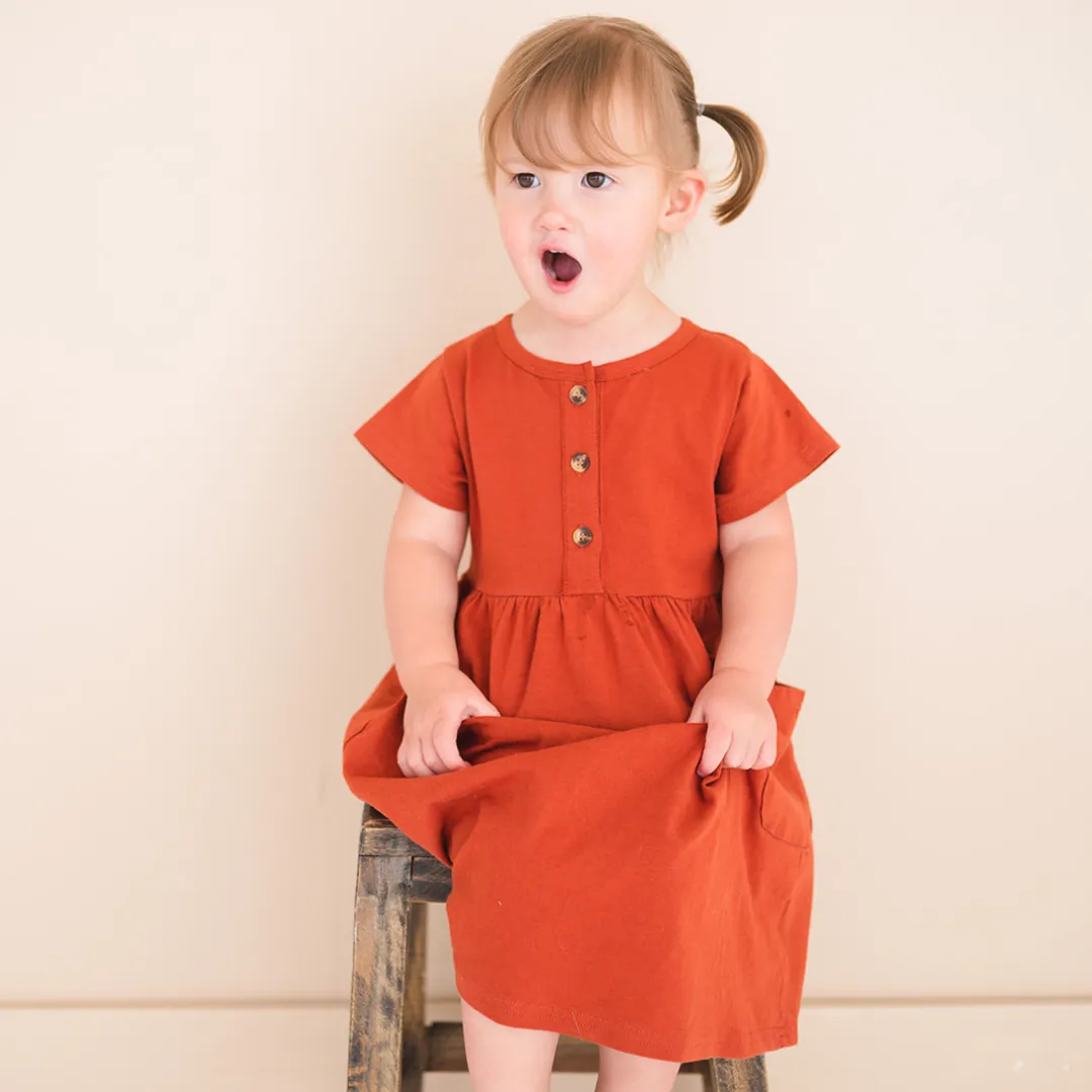 Button Twirl Dress - Brick