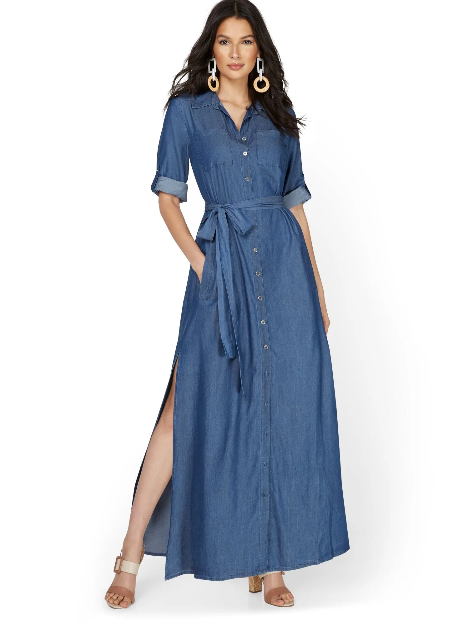 Chambray Belted Maxi Shirtdress