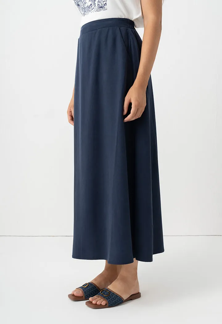 Choice Solid Pleated Flared Skirt Navy