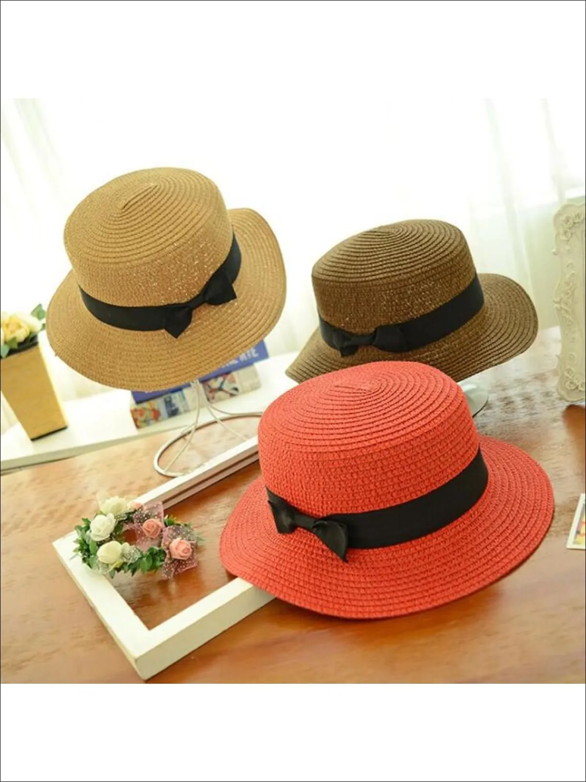 Girls Woven Straw Fedora Hat with Bow Tie (Multiple Color Options)