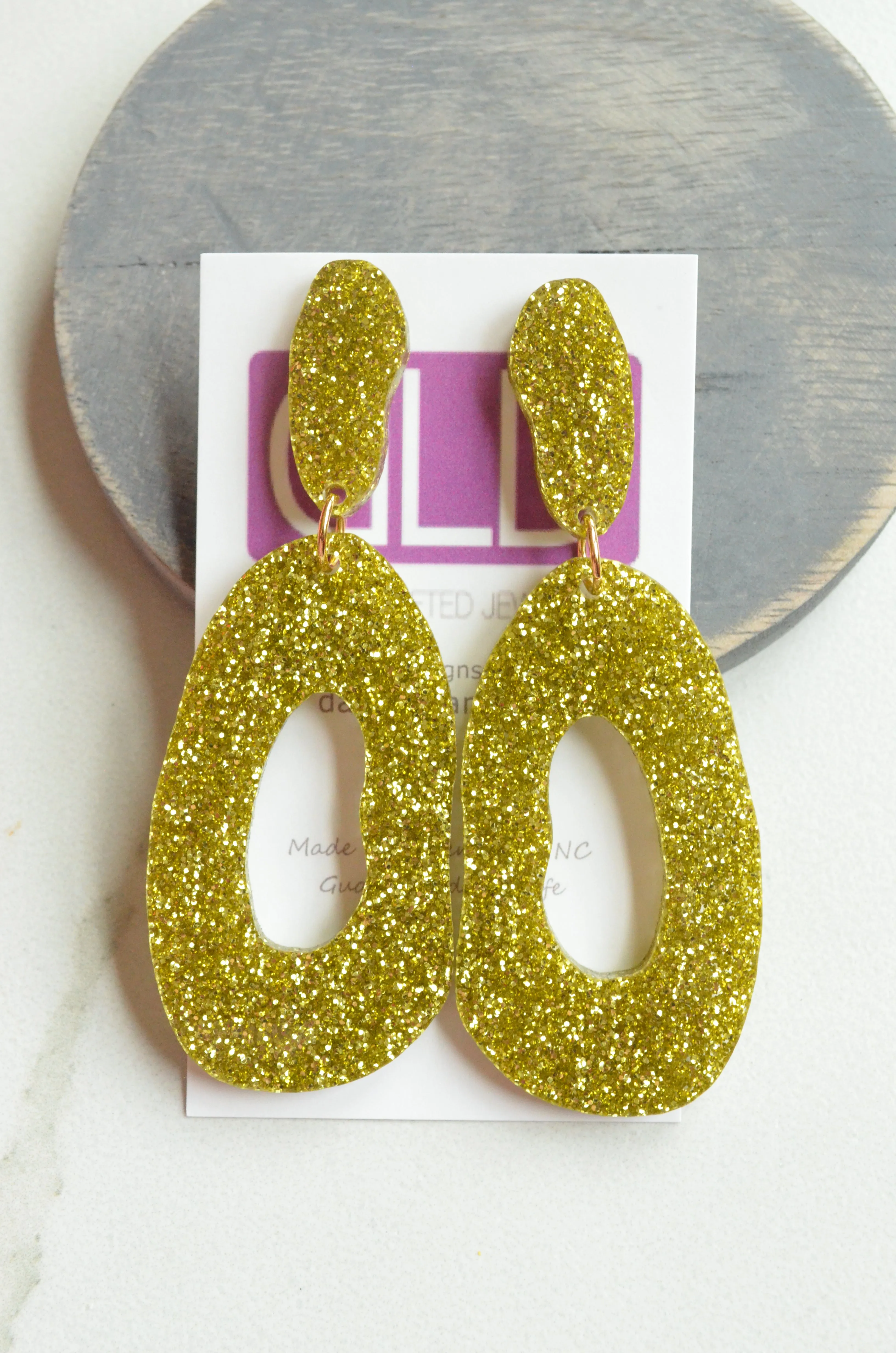 Gold Glitter Statement Lucite Acrylic Big Dangle Womens Statement Earrings - Sylvia