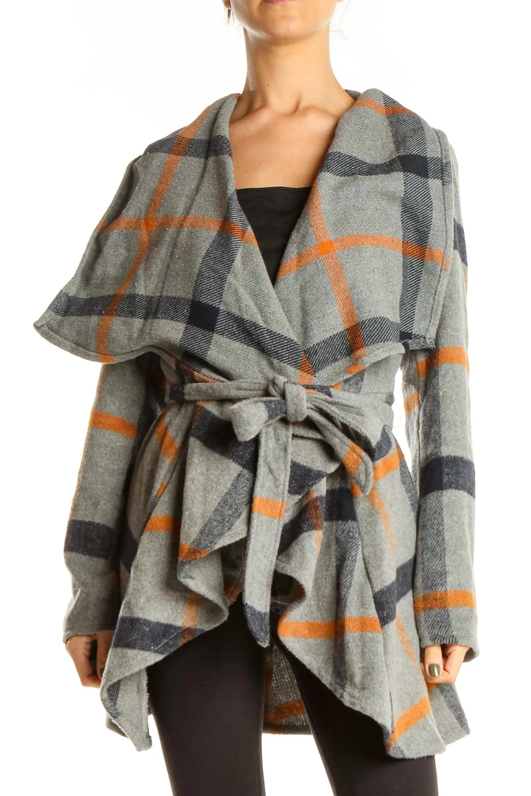 Gray Orange Check Wrap Cardigan Sweater