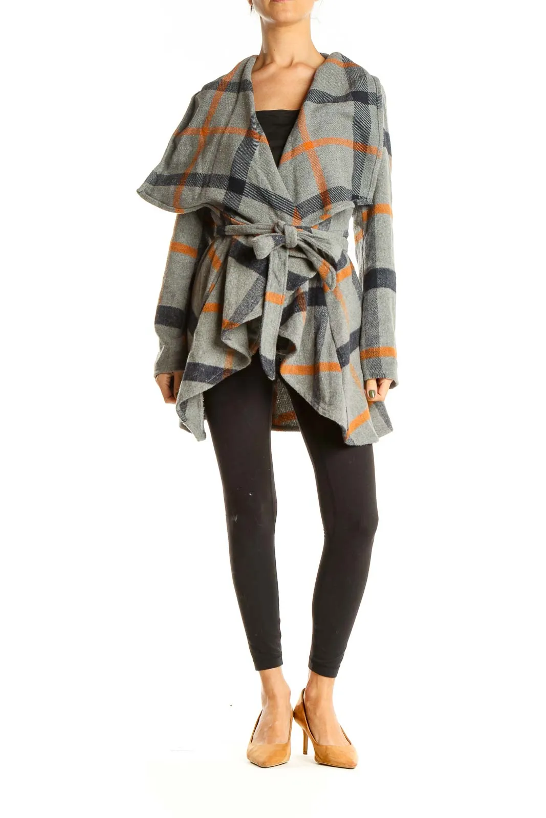 Gray Orange Check Wrap Cardigan Sweater