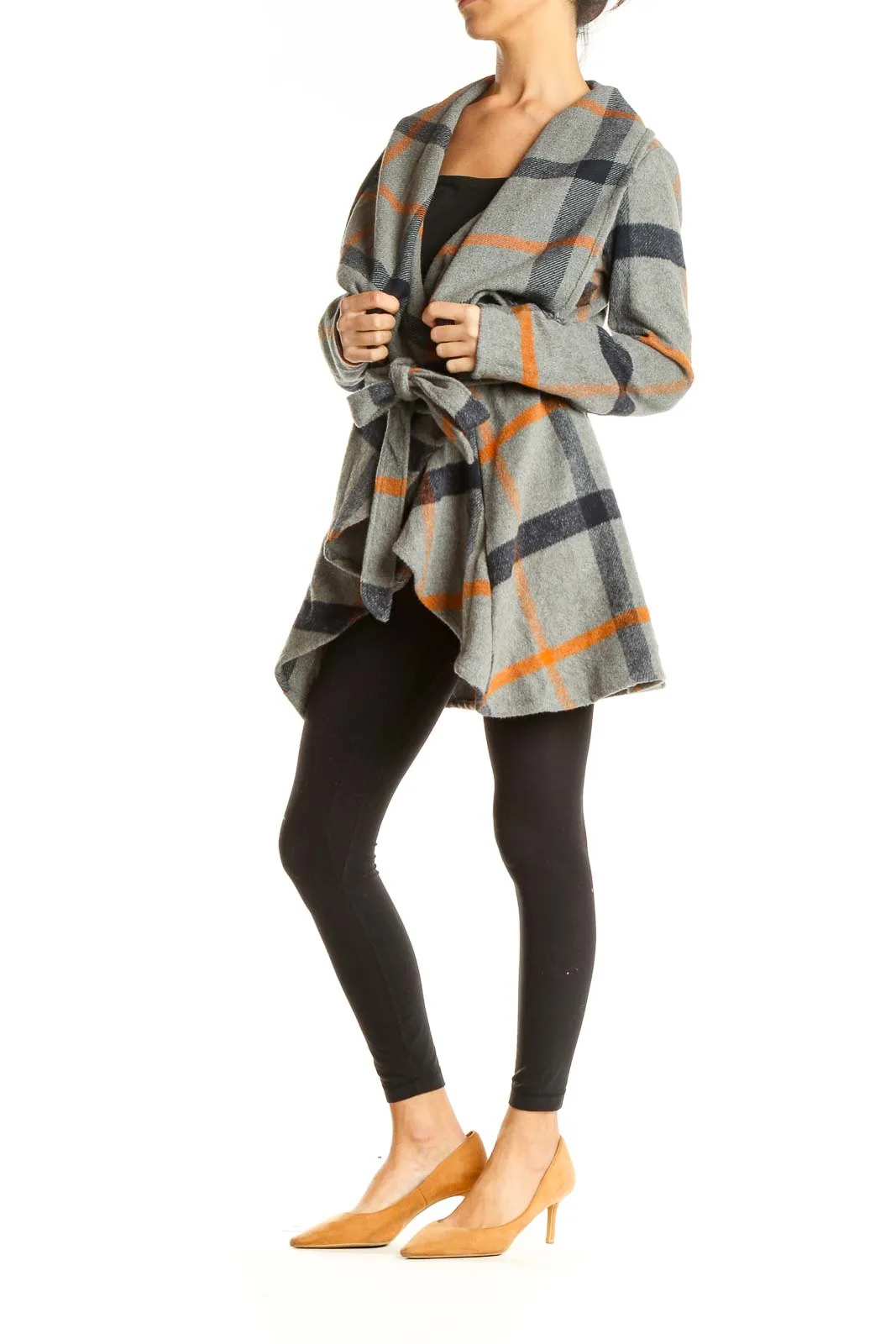 Gray Orange Check Wrap Cardigan Sweater