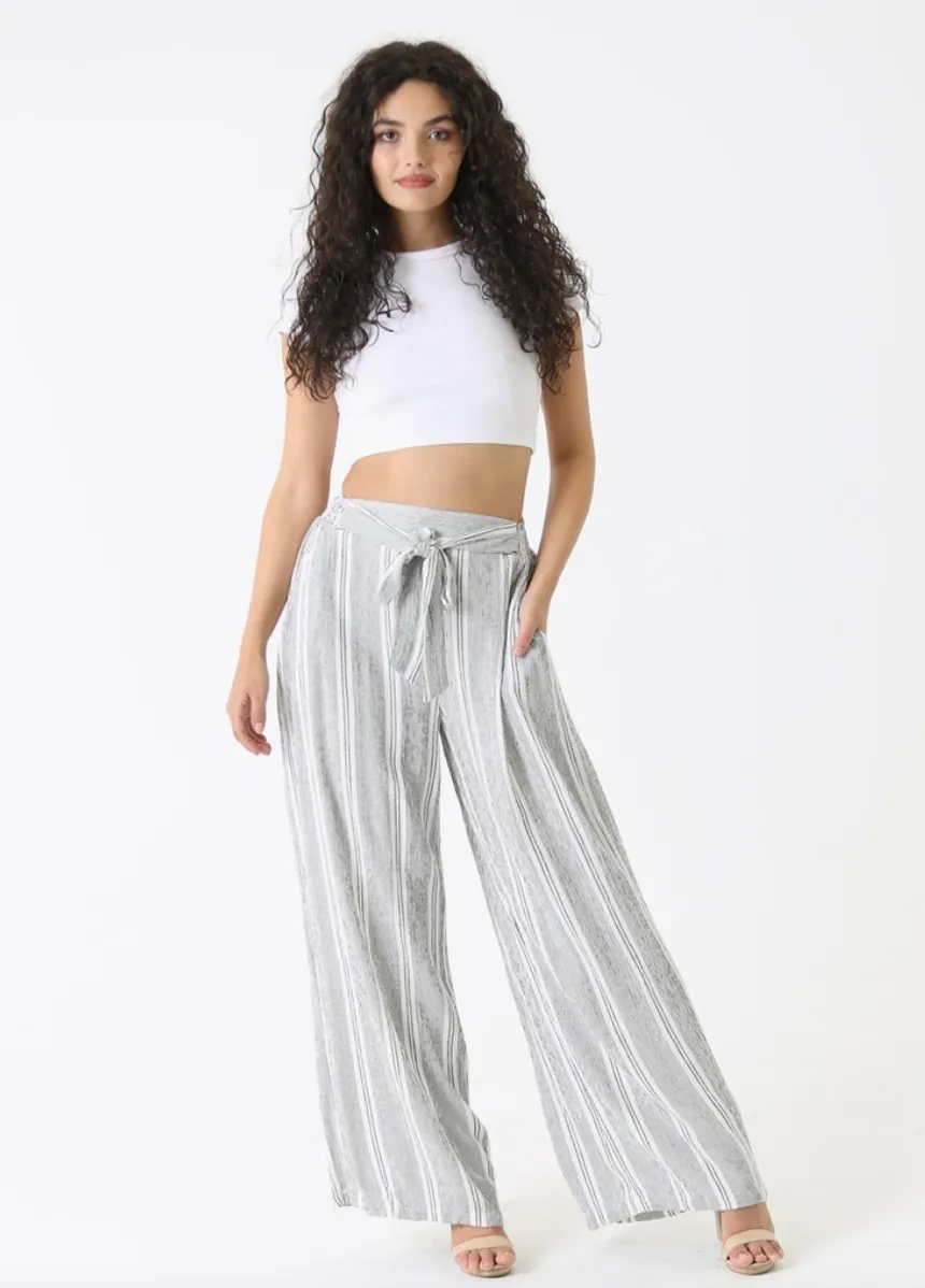 Grey Striped Lightweight Wide Leg Cotton Pants