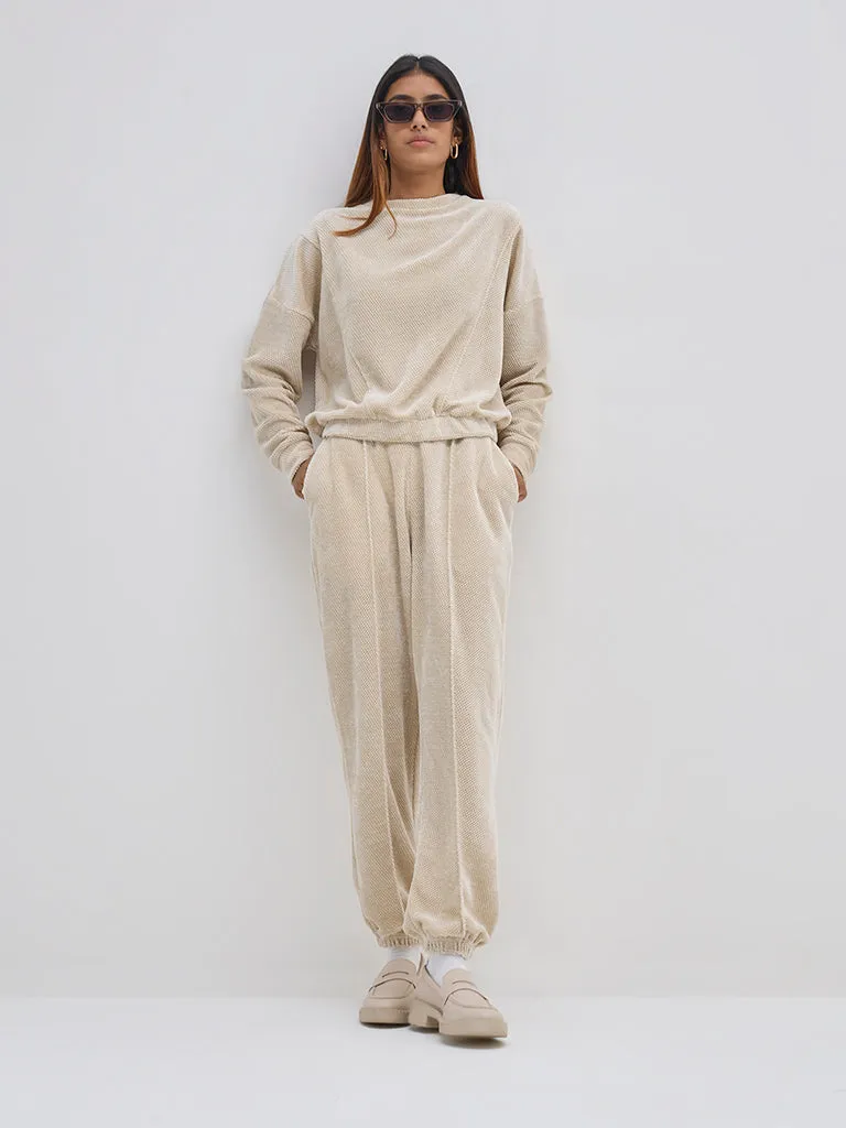 LOV Beige Self-Textured High-Rise Joggers