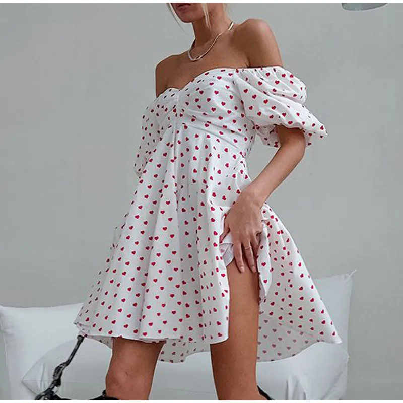 Love Print Off-Shoulder Flowy Dress