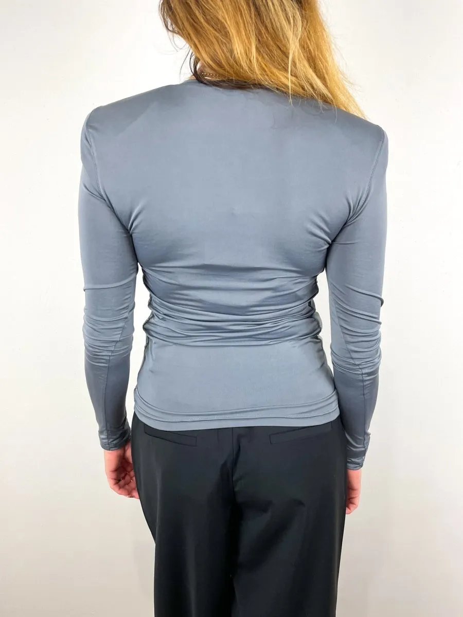 Micro Jersey Shoulder Pad Fitted Crewneck Top in Charcoal