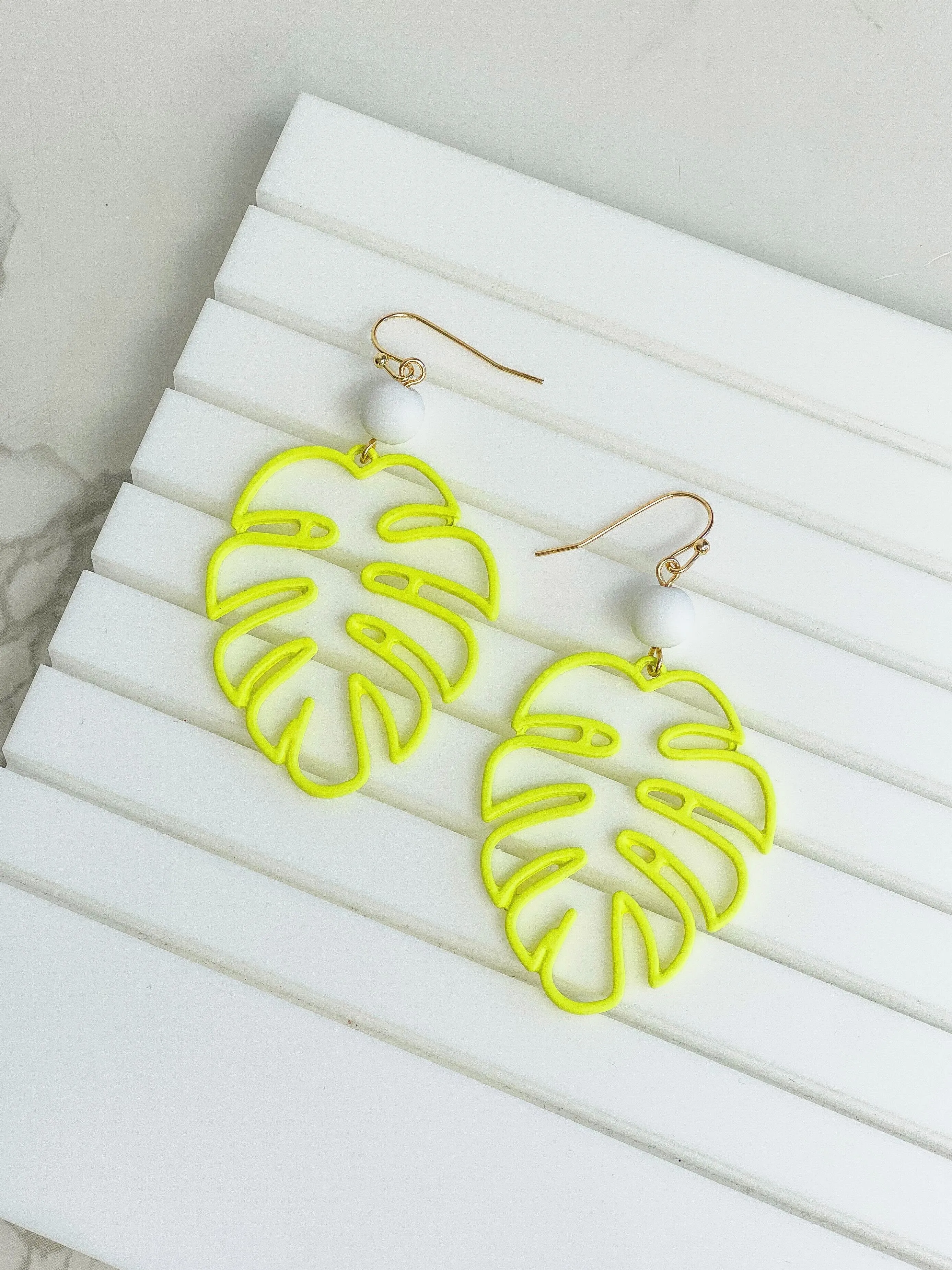 Monstera Color-Coated Outline Dangle Earrings - Yellow