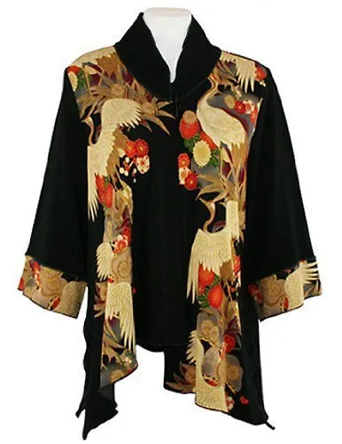 Moonlight - Asian Crane, Black & Red Asian Themed Asymmetric Hem Top