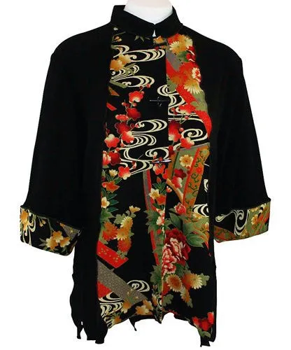 Moonlight Floral Print, Mandarin Collar, Asian Themed Top - Asian Flower