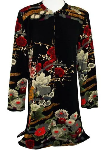 Moonlight Geometric & Floral Print, Asian Themed Elongated Woman's Top - Asian Garden