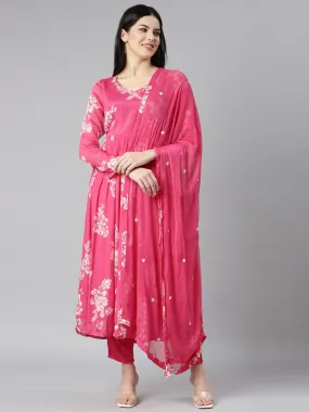 Neerus Pink Pleated Flared Floral Kurta And Trousers With Dupatta