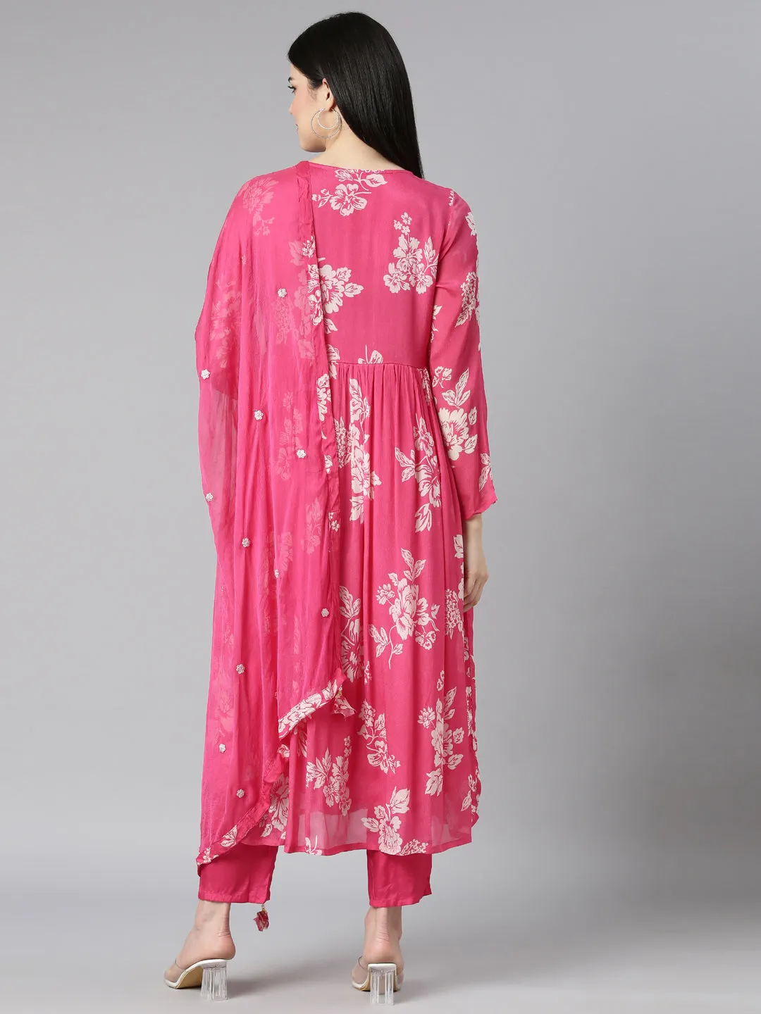 Neerus Pink Pleated Flared Floral Kurta And Trousers With Dupatta