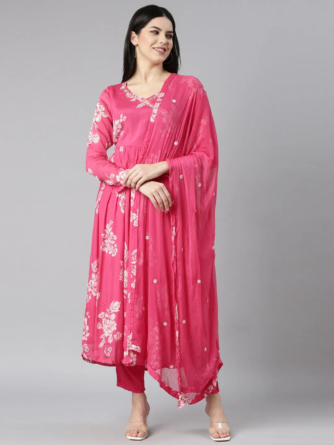 Neerus Pink Pleated Flared Floral Kurta And Trousers With Dupatta