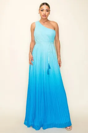 Ombre Chiffon One Shoulder Pleated Maxi Dress Blue