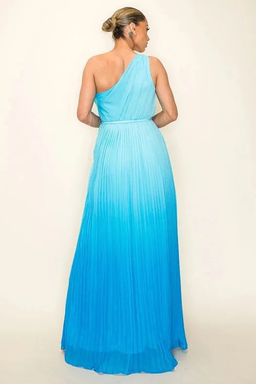 Ombre Chiffon One Shoulder Pleated Maxi Dress Blue