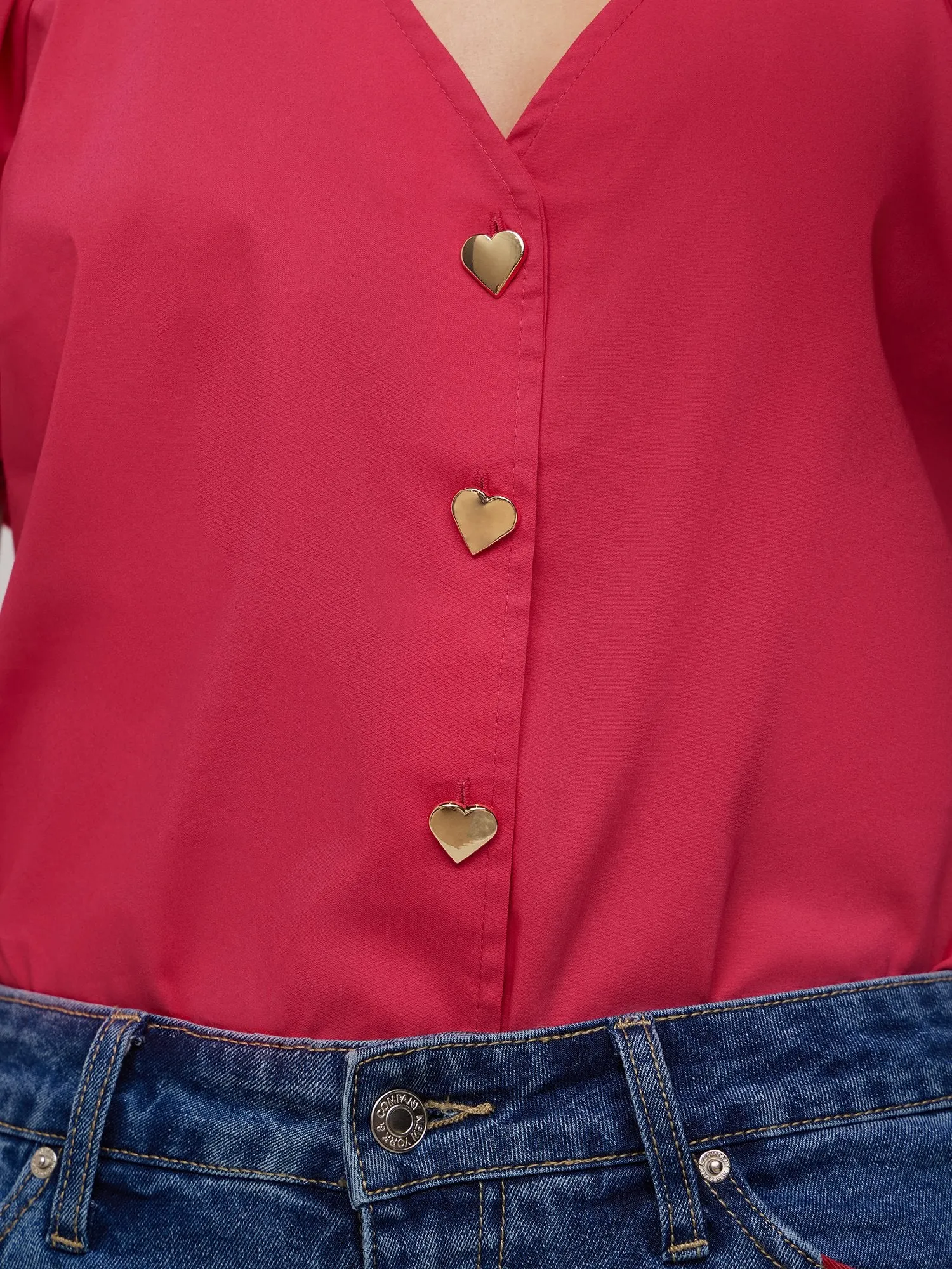 Puff-Sleeve Heart-Button Poplin Top