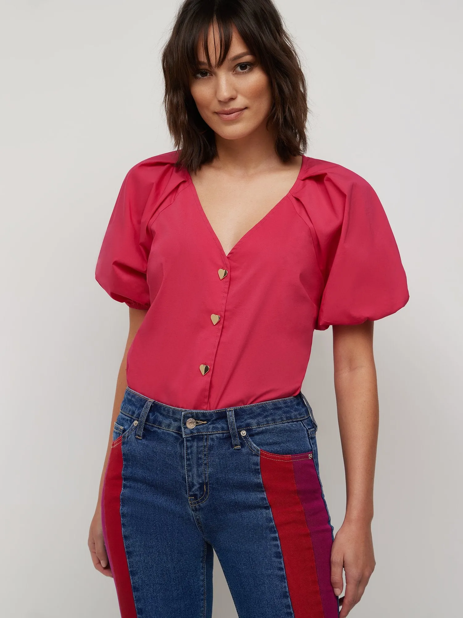 Puff-Sleeve Heart-Button Poplin Top