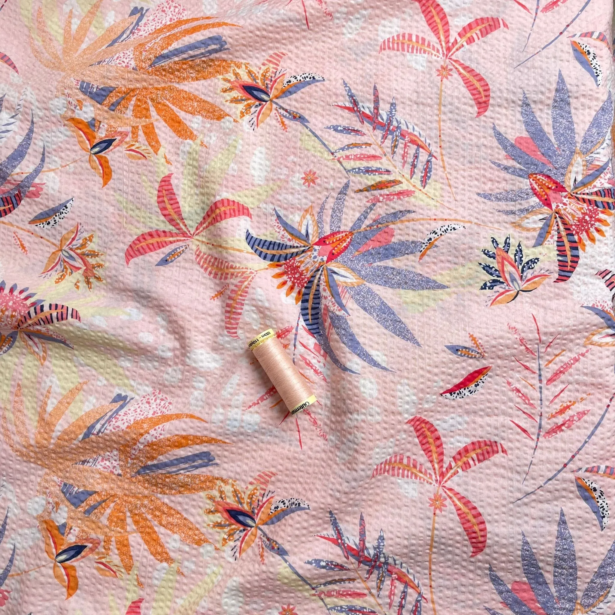 REMNANT 1.20 metres - Ex-Designer Deadstock Tropical Blush Cotton Seersucker Fabric