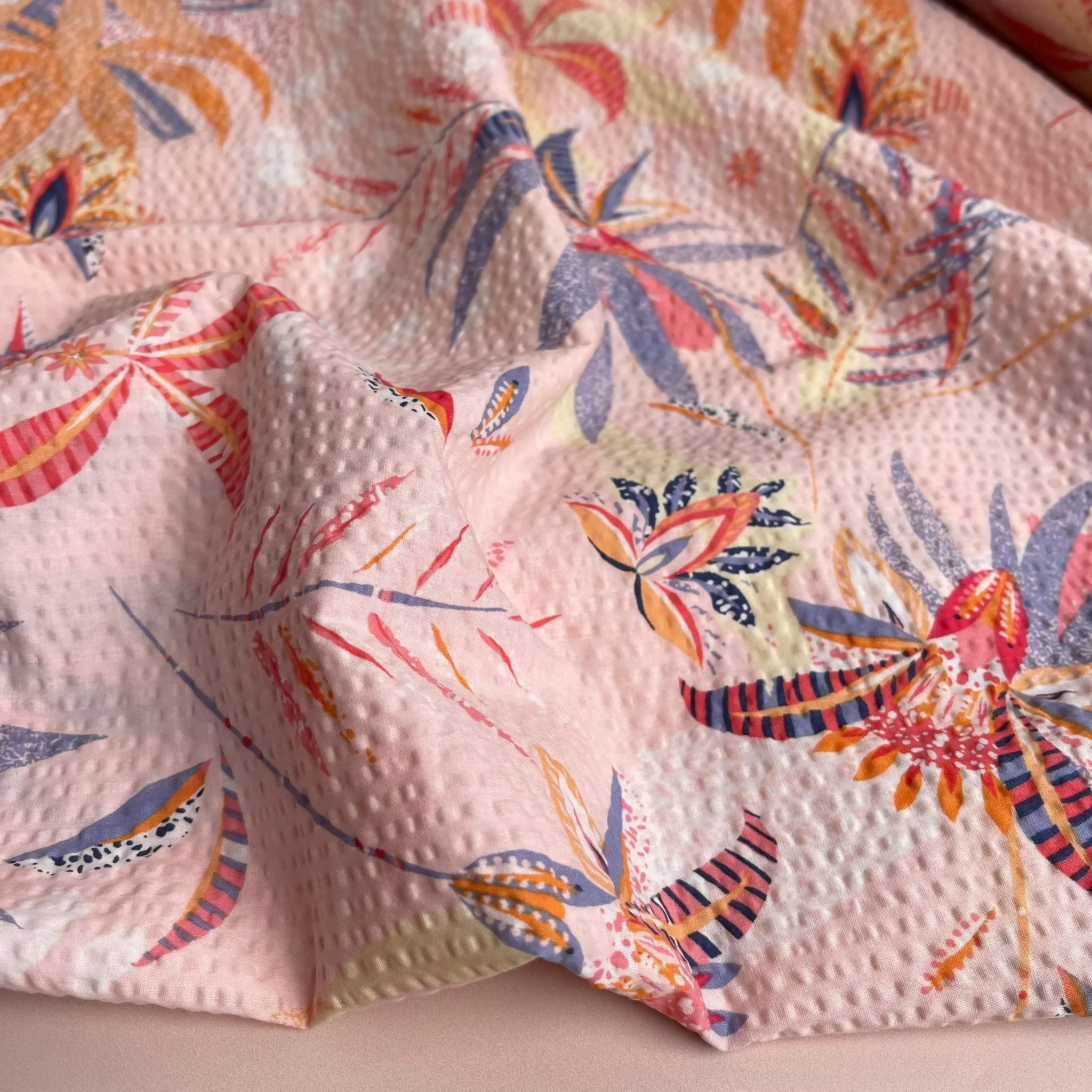 REMNANT 1.20 metres - Ex-Designer Deadstock Tropical Blush Cotton Seersucker Fabric