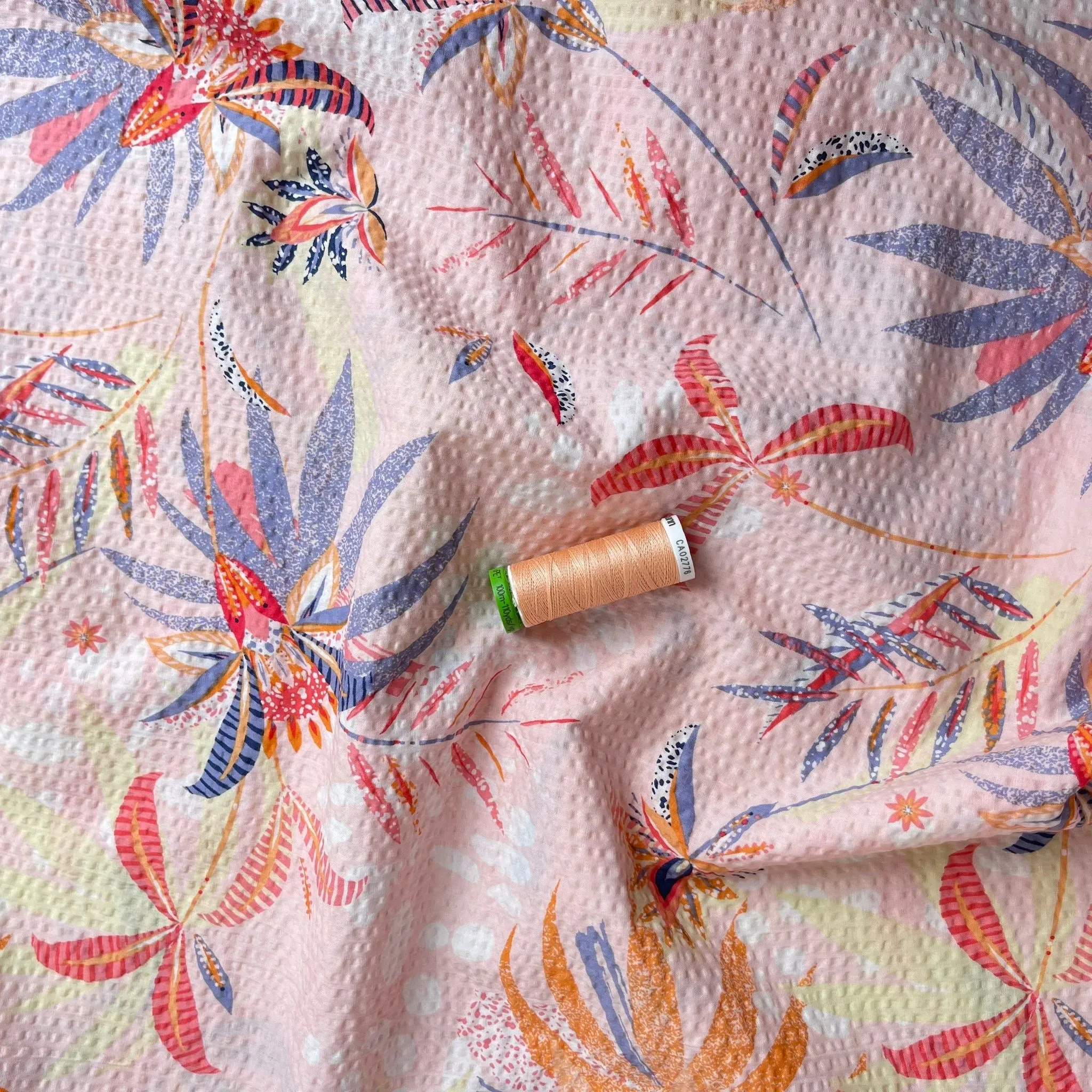 REMNANT 1.20 metres - Ex-Designer Deadstock Tropical Blush Cotton Seersucker Fabric