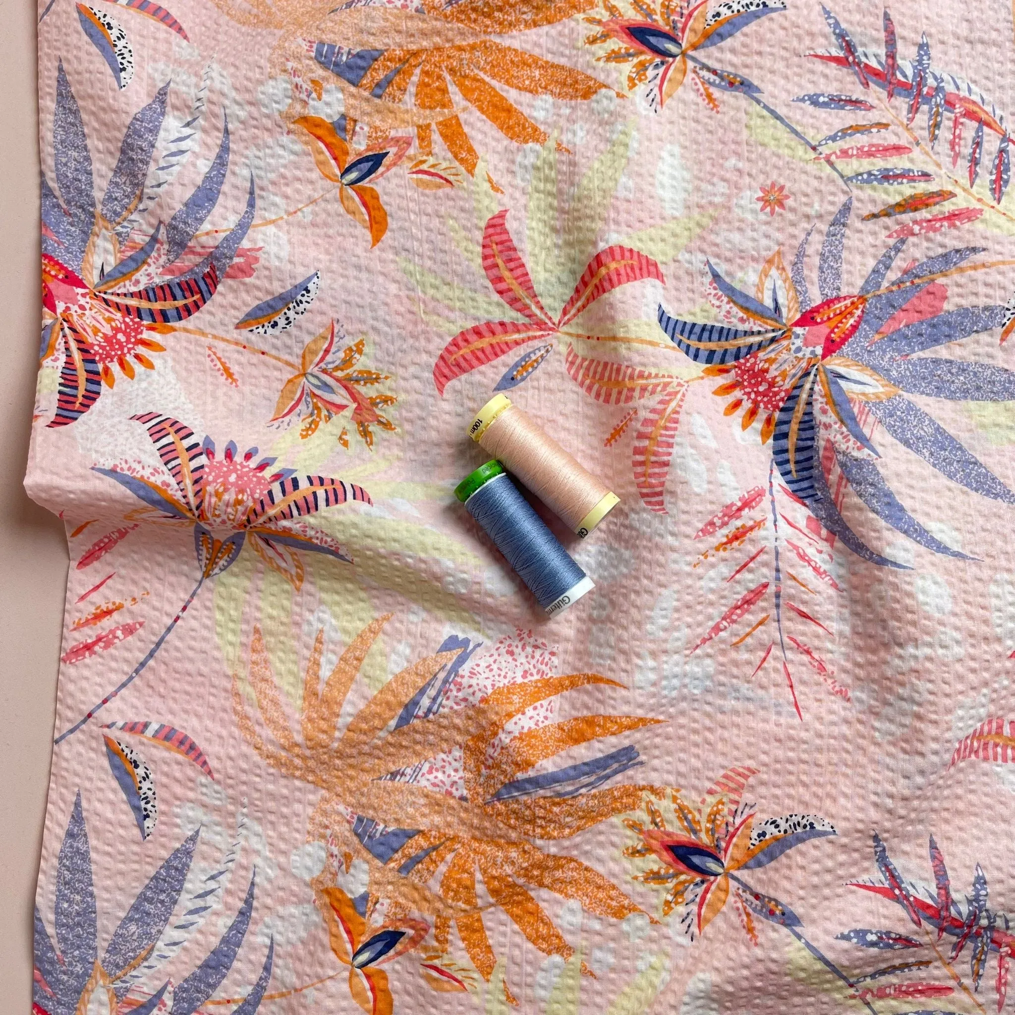 REMNANT 1.20 metres - Ex-Designer Deadstock Tropical Blush Cotton Seersucker Fabric