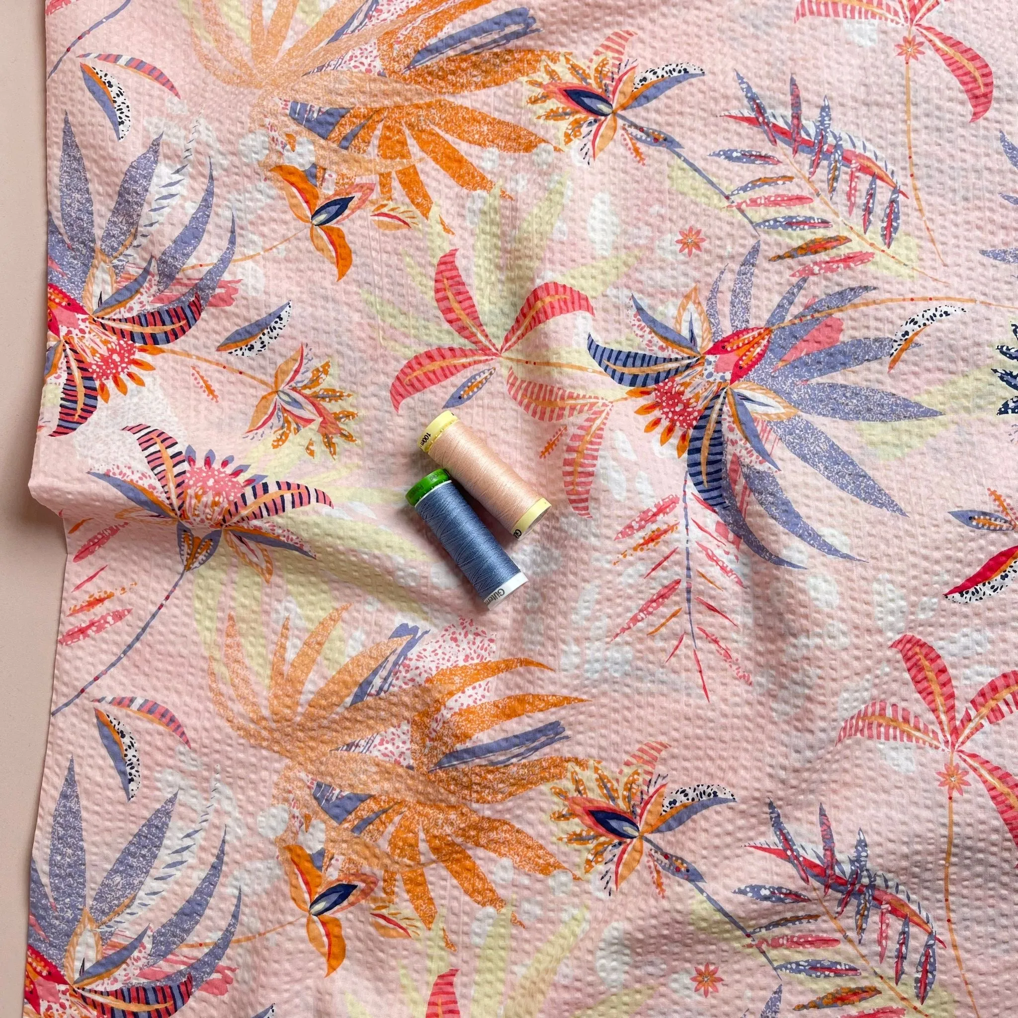 REMNANT 1.20 metres - Ex-Designer Deadstock Tropical Blush Cotton Seersucker Fabric