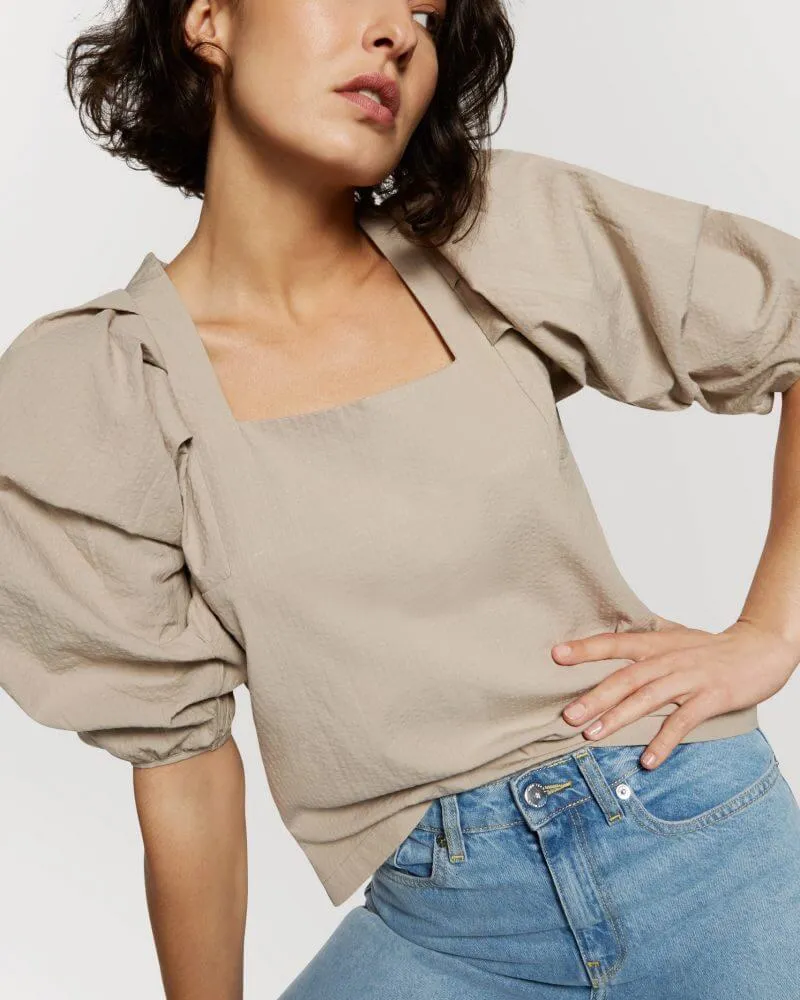 Structured Cotton Puff Sleeves Top Sand