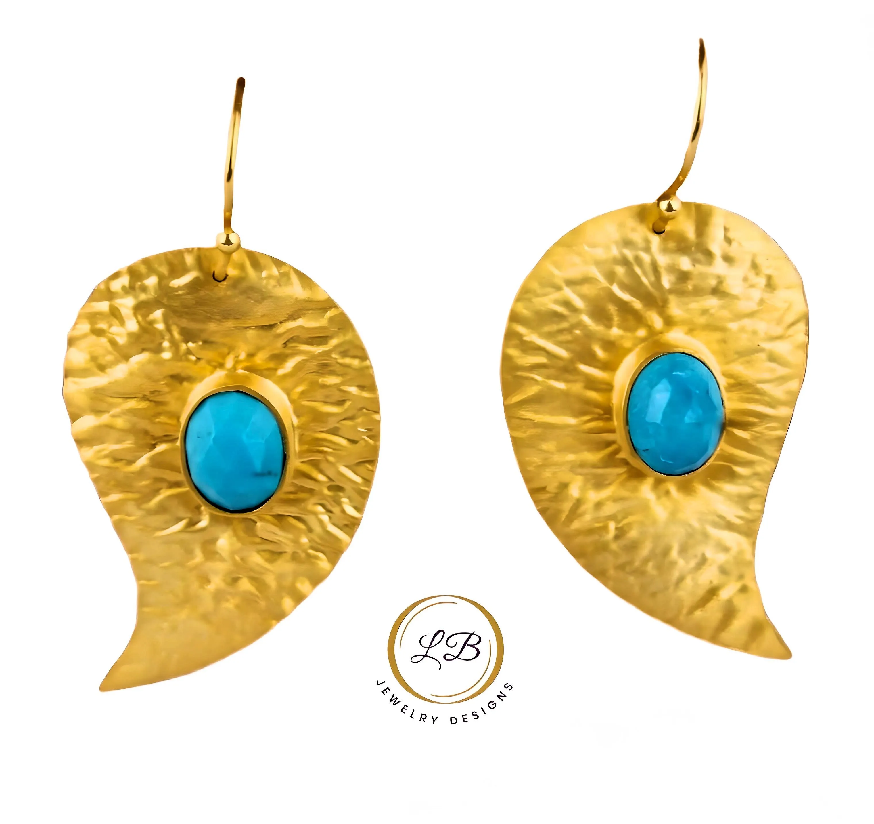 Turquoise 22k Gold Leaf Dangle Earrings 1.5"