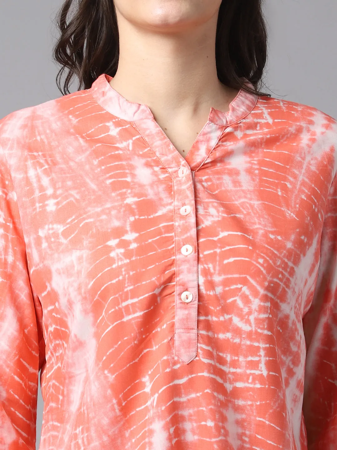 Women's Casual  Pink Tie dye print Mandarin Collar Tunic