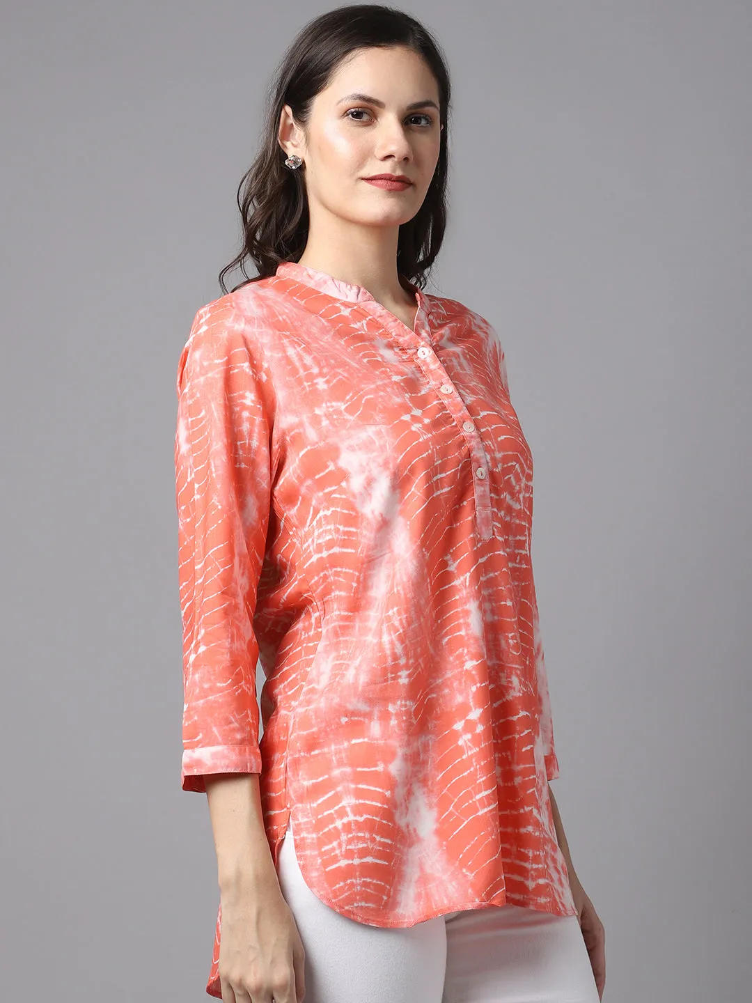 Women's Casual  Pink Tie dye print Mandarin Collar Tunic