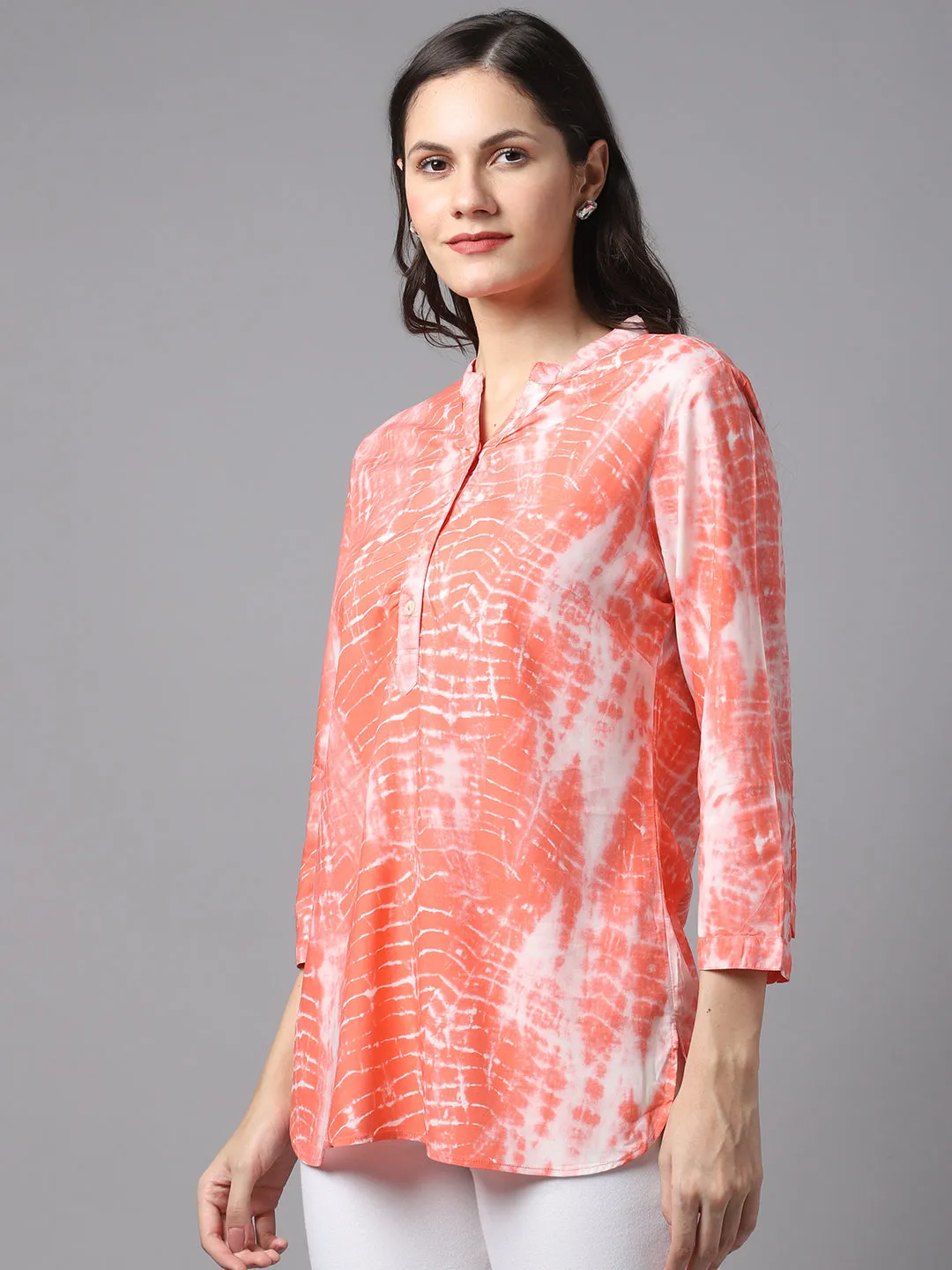 Women's Casual  Pink Tie dye print Mandarin Collar Tunic