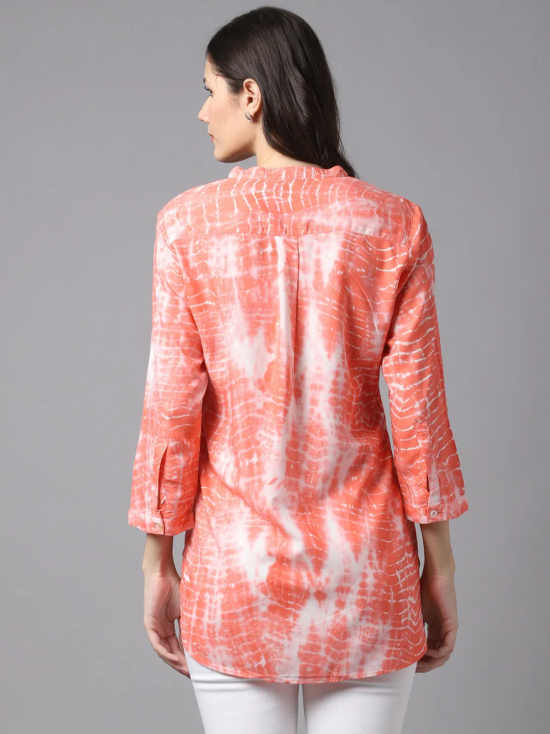 Women's Casual  Pink Tie dye print Mandarin Collar Tunic